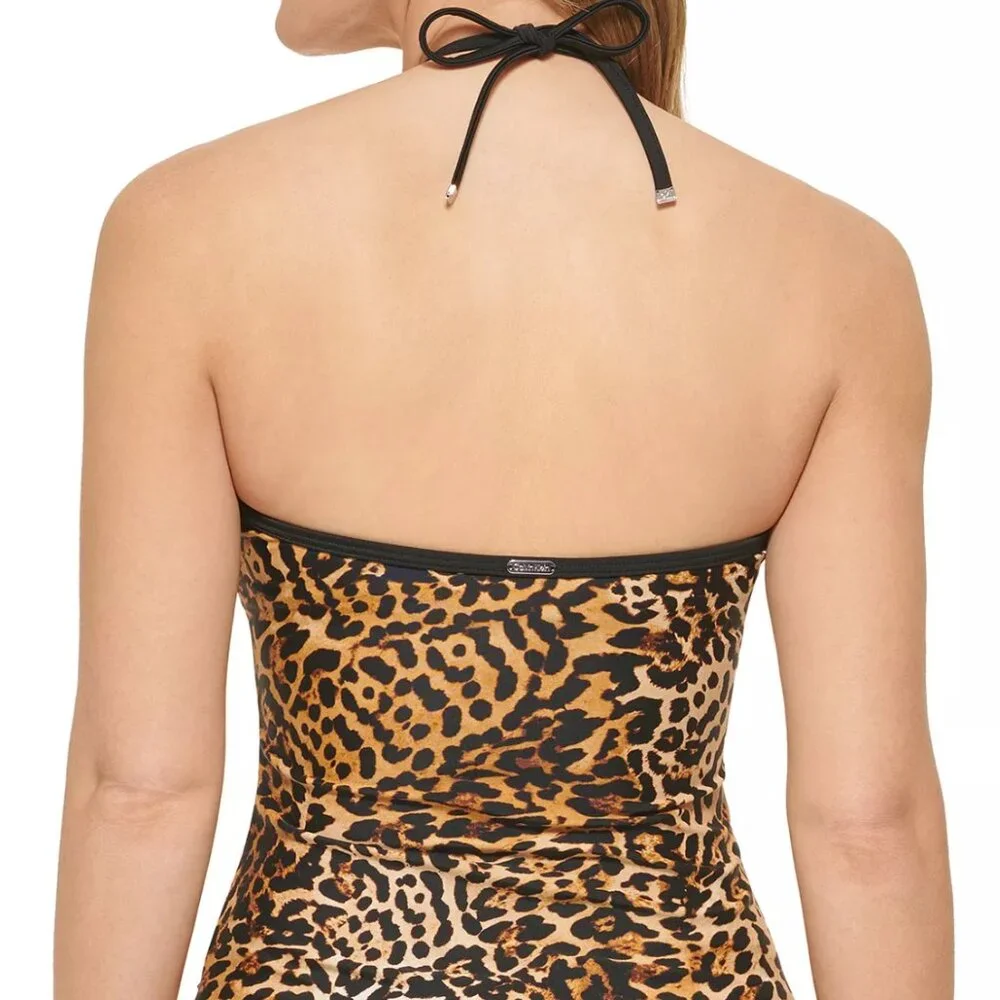 NWT Calvin Klein Animal Print Ruched Halter Tankini Swim Top XS